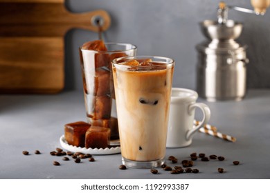 Iced Coffee In Tall Glasses Made With Coffe Ice Cubes