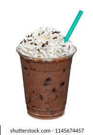 Iced Coffee With Whipped Cream And Straw In To Go, Take Out Or Takeaway Cup Isolated On White Background Including Clipping Path.