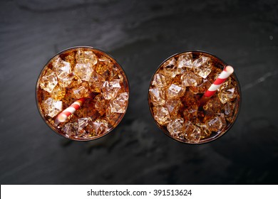 Iced Cola Soda Pop With Straw In Flay Lay Composition