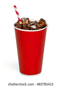Iced cola with straw in blank paper cup on white background packaging template mockup collection with clipping path
