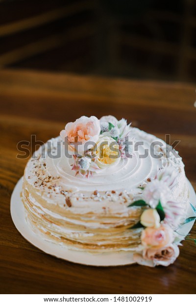 Iced Crepe Wedding Cake Decorated Peony Stock Photo Edit Now