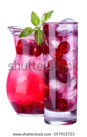 iced drink with cherry and mint isolated on white background