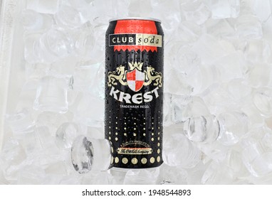 ICED Krest Can Club Soda , CLUB SODA Can In A Ice Bucket , Isolated White Background, With Full Depth Of Field.