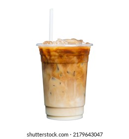 Iced latte coffee on plastic glass and tube-sucking isolated white background, summer drink concept