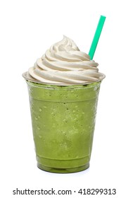 Iced Matcha Green Tea Frappuccino In Takeaway Cup Isolated On White Background