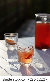 Iced Peach Tea With Ice On A Hot Summer Day