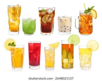 Iced tea. Different types of drinks in glasses isolated on white, set