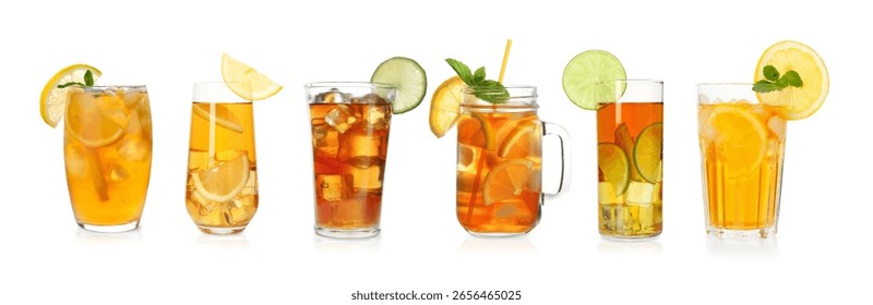 Iced tea. Different types of drinks in glasses isolated on white, set