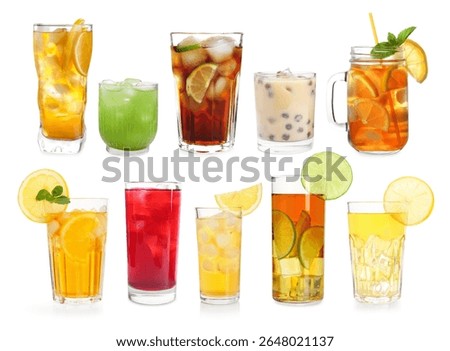 Iced tea. Different types of drinks in glasses isolated on white, set