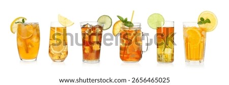 Iced tea. Different types of drinks in glasses isolated on white, set