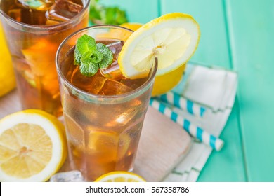 Iced tea in glasses, summer background copy space