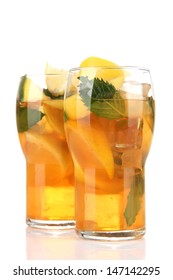 Iced Tea With Lemon And Mint Isolated On White