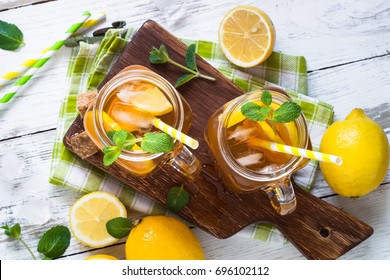 Iced Tea With Lemon. Refreshment Cold Summer Drink. Top View.