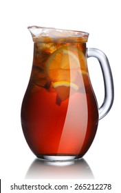 Iced Tea In A Pitcher. Jug Full Of Fresh Lemon Tea Served With Ice.