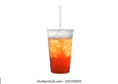 Iced Tea In Plastic Cup With Straw White Background