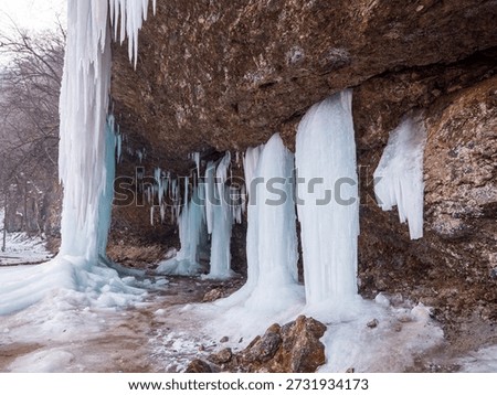 Icefall with massive ice columns and icicles under a limestone cliff at Šikľavá skala near Matejovce nad Hornádom, Slovak Paradise National Park, Slovakia.