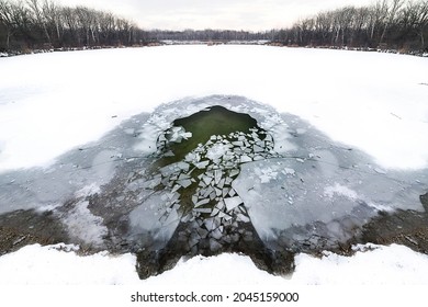 Ice-hole For Hardening, Cold Water Therapy In Frozen Lake During The Winter