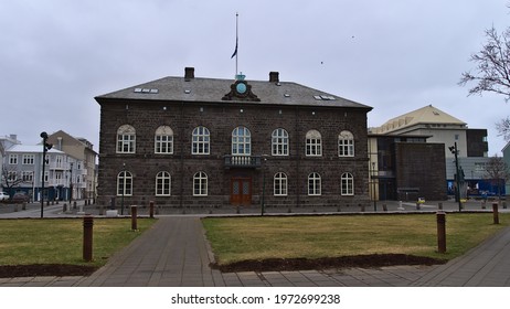 Reykjavík, Iceland - 04-02-2021: Front View Of Assembly Building Alþingishúsið Of The Icelandic Parliament Alþingi (also Allthing) Located At Austurvöllur Square In Reykjavik City Center In Winter.