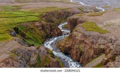 Iceland. Aerial View On Mountains, Fields And Rivers. Landscape In Iceland