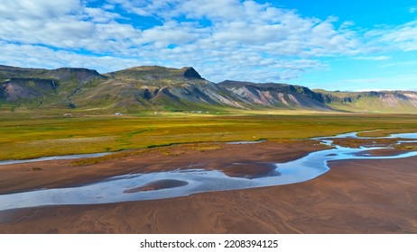 Iceland. Aerial View On Mountains, Fields And Rivers. Landscape In Iceland