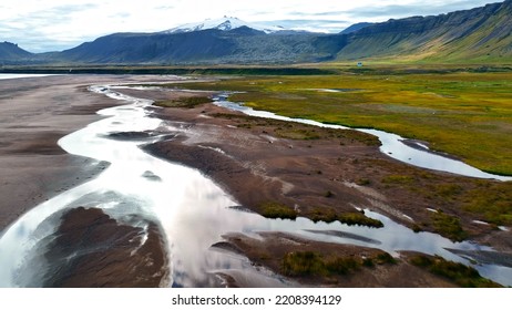 Iceland. Aerial View On Mountains, Fields And Rivers. Landscape In Iceland