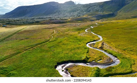 Iceland. Aerial View On Mountains, Fields And Rivers. Landscape In Iceland