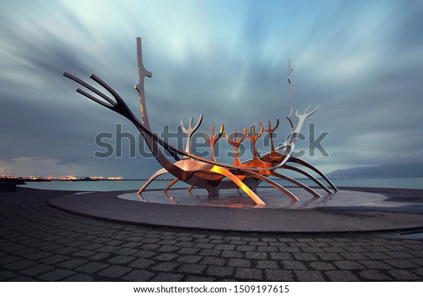 Iceland - April 16, 2019 : Solfar (Sun Voyager)\
Viking Sculpture stainless-steel modern sculpture of Viking\
longboat at Reykjavik in\
Iceland