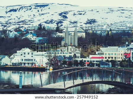 Iceland background Akureyri city bridge 