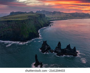 Iceland Black Sand Beach With Huge Waves At Reynisfjara Vik. Aerial Cinematic 4k Video. Beautiful Iceland Nature Coastline From Above.