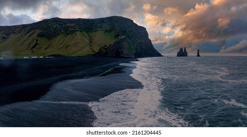 Iceland Black Sand Beach With Huge Waves At Reynisfjara Vik. Aerial Cinematic 4k Video. Beautiful Iceland Nature Coastline From Above.