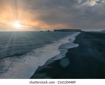 Iceland Black Sand Beach With Huge Waves At Reynisfjara Vik. Aerial Cinematic 4k Video. Beautiful Iceland Nature Coastline From Above.