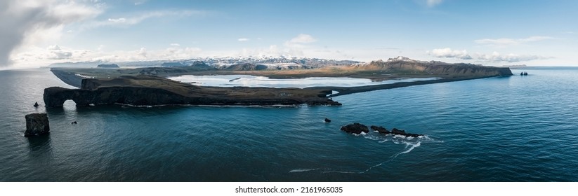 Iceland Black Sand Beach With Huge Waves At Reynisfjara Vik. Aerial Cinematic 4k Video. Beautiful Iceland Nature Coastline From Above.