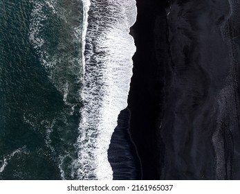 Iceland Black Sand Beach With Huge Waves At Reynisfjara Vik. Aerial Cinematic 4k Video. Beautiful Iceland Nature Coastline From Above.