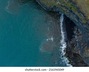 Iceland Black Sand Beach With Huge Waves At Reynisfjara Vik. Aerial Cinematic 4k Video. Beautiful Iceland Nature Coastline From Above.