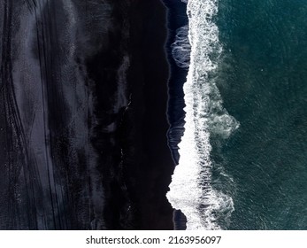 Iceland Black Sand Beach With Huge Waves At Reynisfjara Vik. Aerial Cinematic 4k Video. Beautiful Iceland Nature Coastline From Above.