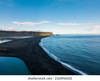 Iceland Black Sand Beach With Huge Waves At Reynisfjara Vik. Aerial Cinematic 4k Video. Beautiful Iceland Nature Coastline From Above.