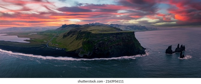 Iceland Black Sand Beach With Huge Waves At Reynisfjara Vik. Aerial Cinematic 4k Video. Beautiful Iceland Nature Coastline From Above.