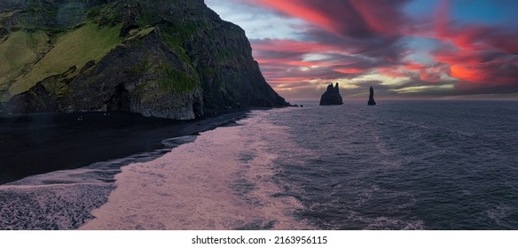 Iceland Black Sand Beach With Huge Waves At Reynisfjara Vik. Aerial Cinematic 4k Video. Beautiful Iceland Nature Coastline From Above.