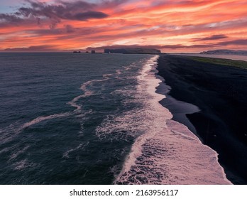 Iceland Black Sand Beach With Huge Waves At Reynisfjara Vik. Aerial Cinematic 4k Video. Beautiful Iceland Nature Coastline From Above.