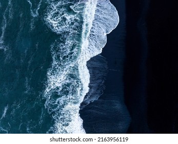 Iceland Black Sand Beach With Huge Waves At Reynisfjara Vik. Aerial Cinematic 4k Video. Beautiful Iceland Nature Coastline From Above.