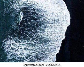 Iceland Black Sand Beach With Huge Waves At Reynisfjara Vik. Aerial Cinematic 4k Video. Beautiful Iceland Nature Coastline From Above.