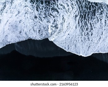 Iceland Black Sand Beach With Huge Waves At Reynisfjara Vik. Aerial Cinematic 4k Video. Beautiful Iceland Nature Coastline From Above.