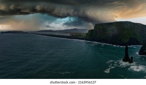 Iceland Black Sand Beach With Huge Waves At Reynisfjara Vik. Aerial Cinematic 4k Video. Beautiful Iceland Nature Coastline From Above.