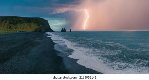 Iceland Black Sand Beach With Huge Waves At Reynisfjara Vik. Aerial Cinematic 4k Video. Beautiful Iceland Nature Coastline From Above.