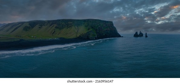 Iceland Black Sand Beach With Huge Waves At Reynisfjara Vik. Aerial Cinematic 4k Video. Beautiful Iceland Nature Coastline From Above.