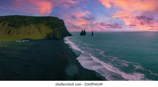 Iceland Black Sand Beach With Huge Waves At Reynisfjara Vik. Aerial Cinematic 4k Video. Beautiful Iceland Nature Coastline From Above.