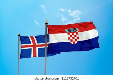 Iceland And Croatia Flag On The Mast