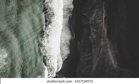 Iceland Drone Shot Above The Sea And Waves Black Sand Beach