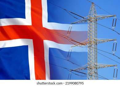 Iceland flag on electric pole background. Power shortage and increased energy consumption in Iceland. Energy development and energy crisis in Iceland - Powered by Shutterstock