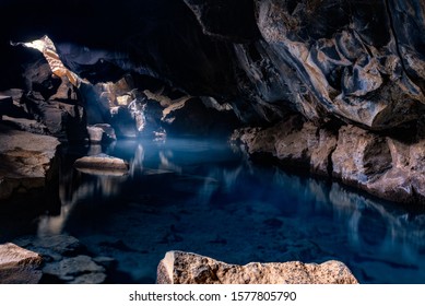 Iceland, Grjotagja Cave With Beautiful Underground Warm Water Pool